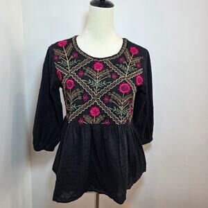 Mi Ami Embroidered Floral Top Size S Black Long Sleeve Whimsical Romantic Boho